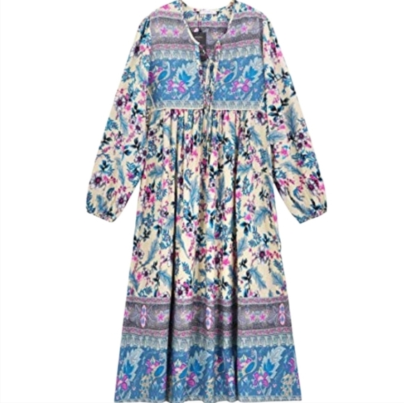 Boutique MAXI Tired Floral Peasant Style Size Med Blue Yellow - Picture 1 of 5